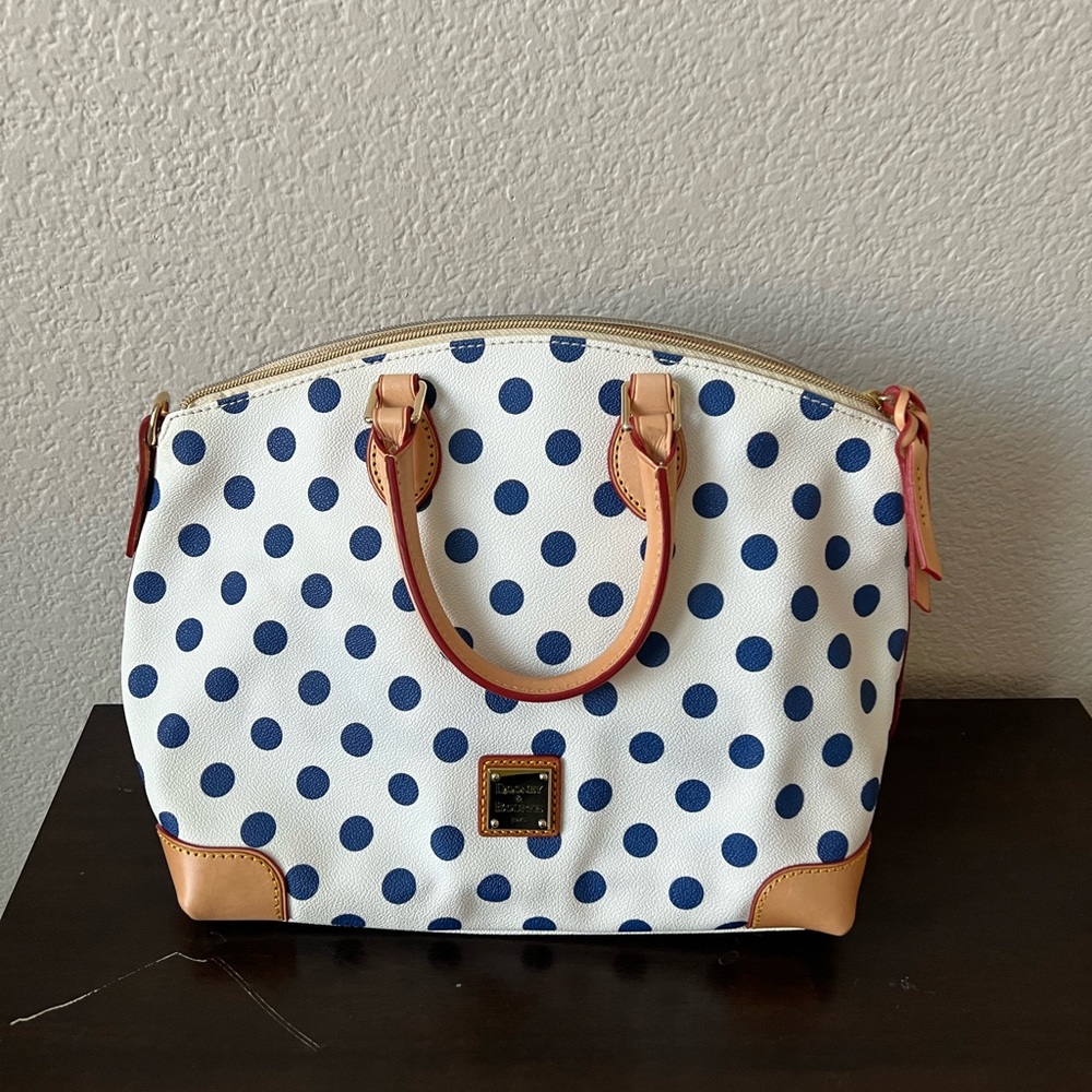 Dooney & Bourke white with blue polka dot satchel